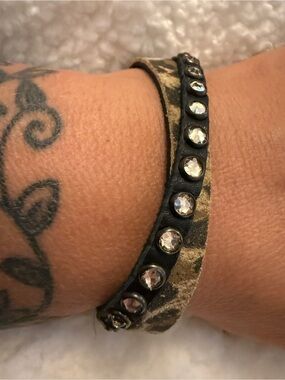 Leatherock Crystal Studded Leather Wrap Bracelet in Black and Tan